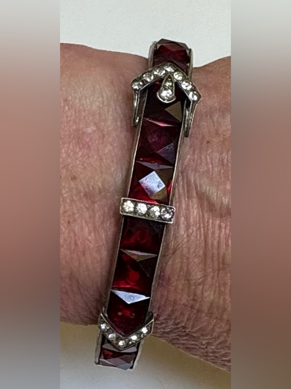 Antique Art Deco RARE engraved Sterling silver square ruby crystal buckle bangle